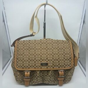 COACH Signature Canvas Jacquard Camel Leather Trim Messenger Unisex Bag